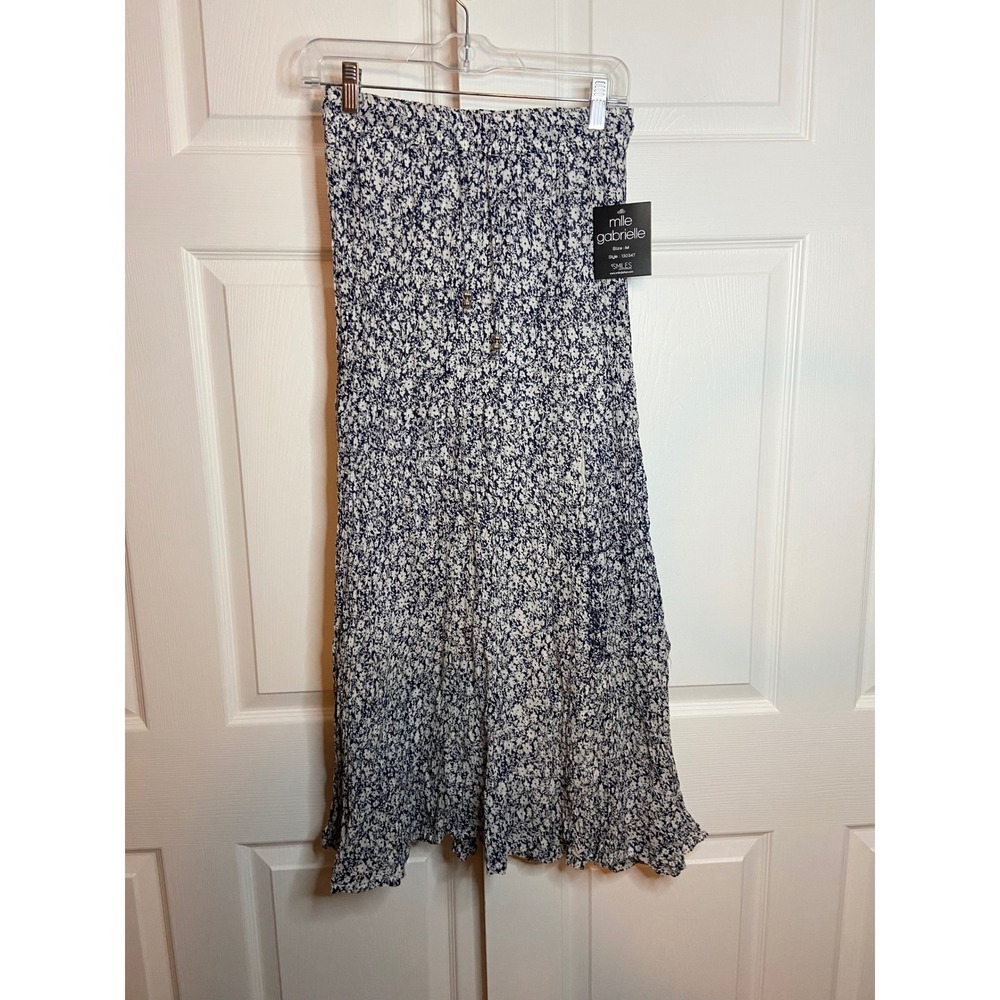 NWT Mlle Gabrielle Blue White Floral Cotton Gauze Midi Skirt Smocked Waist M